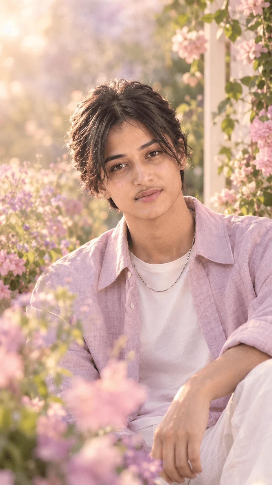Young man in pastel pink shirt surrounded by flowers in a dreamy garden