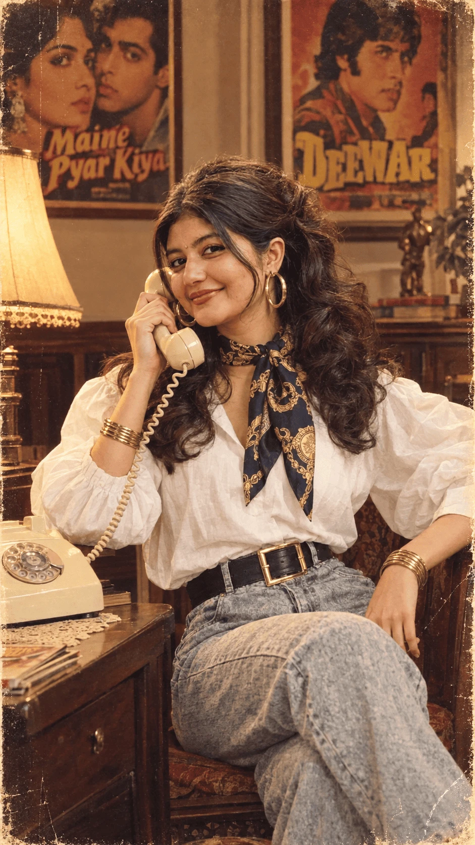 1980s Bollywood vintage woman talking on a rotary telephone