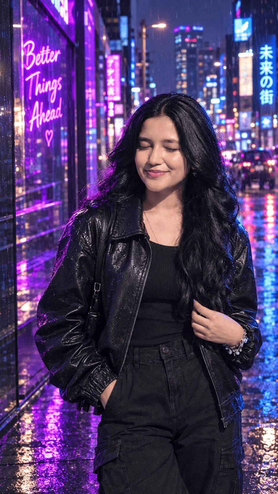 Stylish girl in black outfit walking through a rainy neon city at night