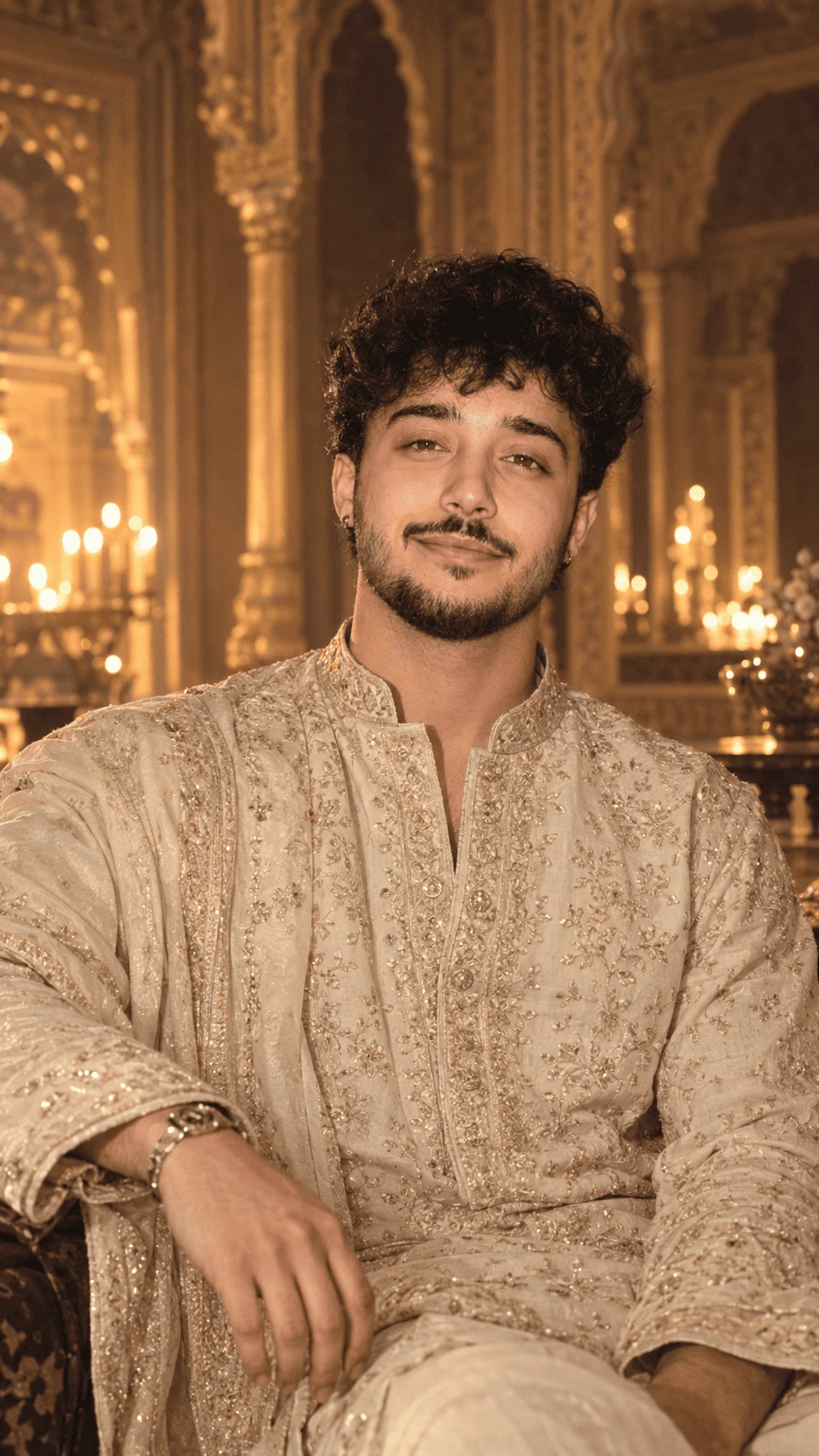 Royal man wearing embroidered ivory sherwani in golden palace interior
