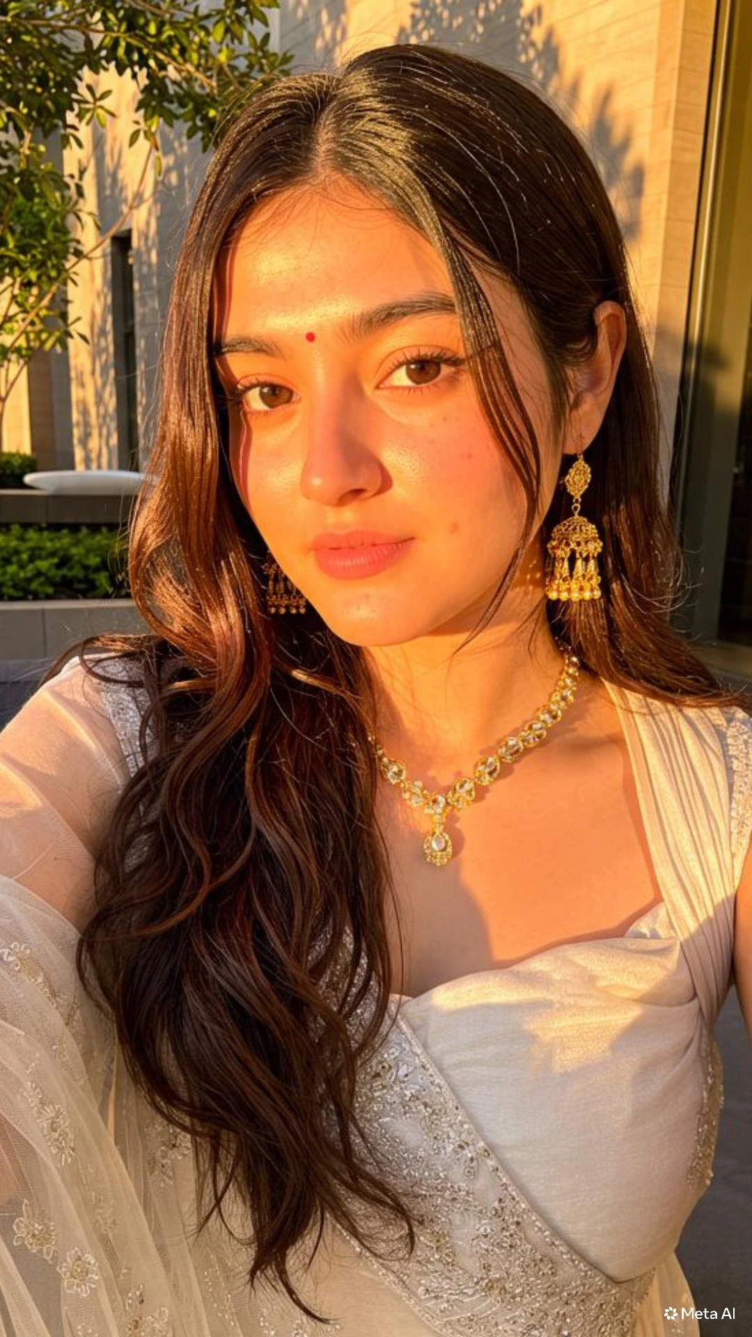 Traditional girl in white saree with golden jewelry in warm golden hour sunlight