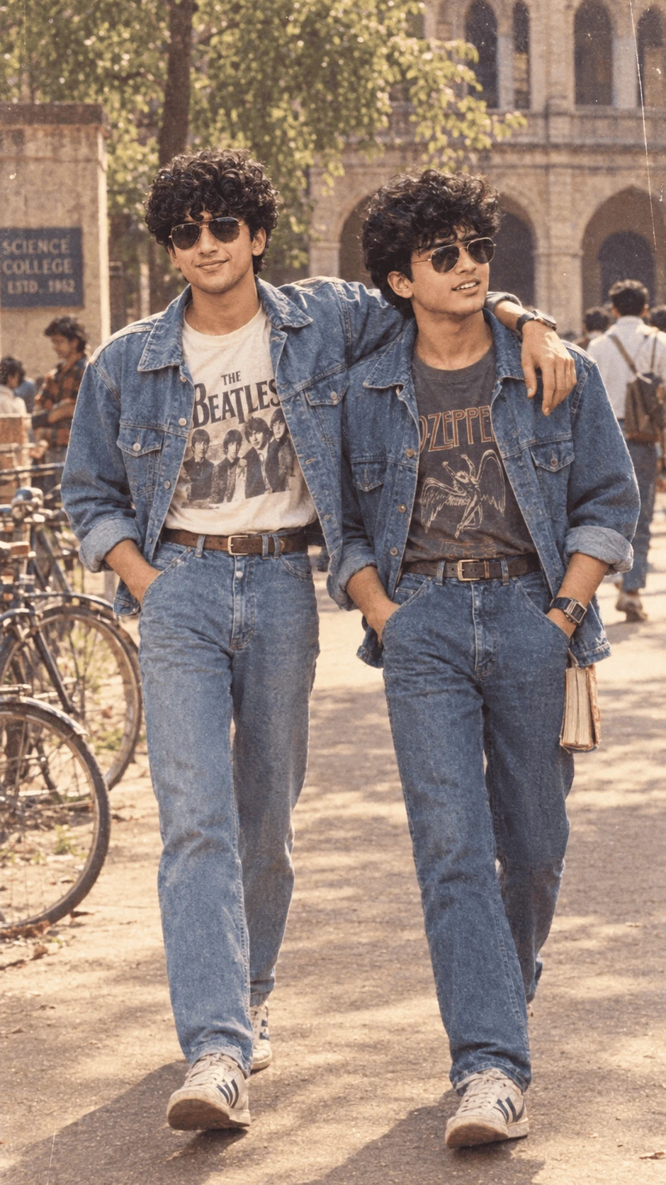 Two friends in vintage denim outfits walking together in a retro college setting