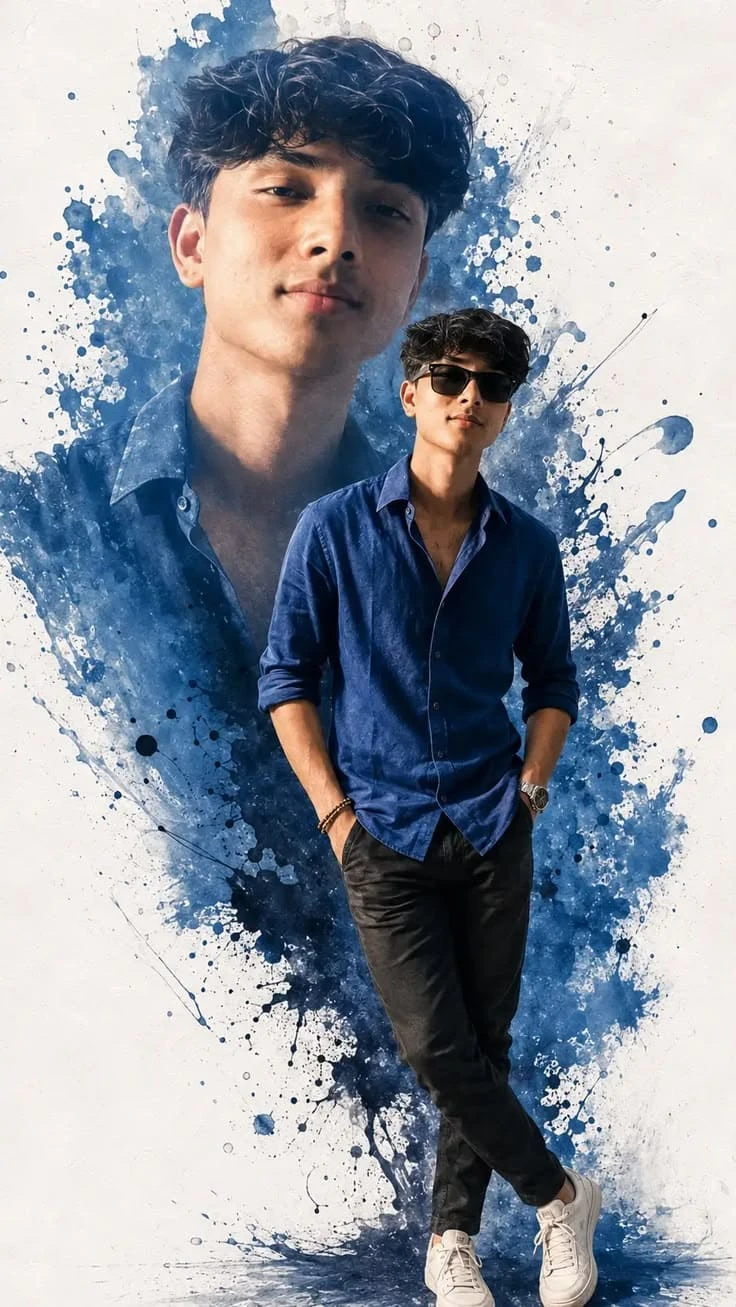 Blue paint splash double exposure portrait of a stylish young man