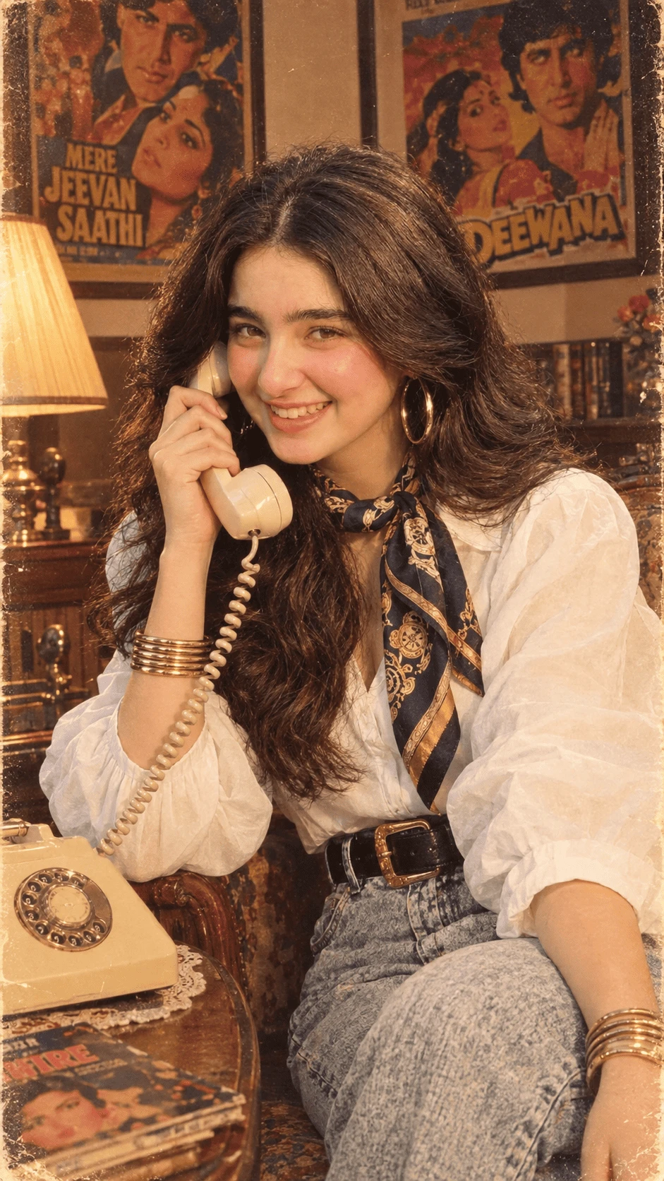 1980s Bollywood retro girl portrait with vintage telephone