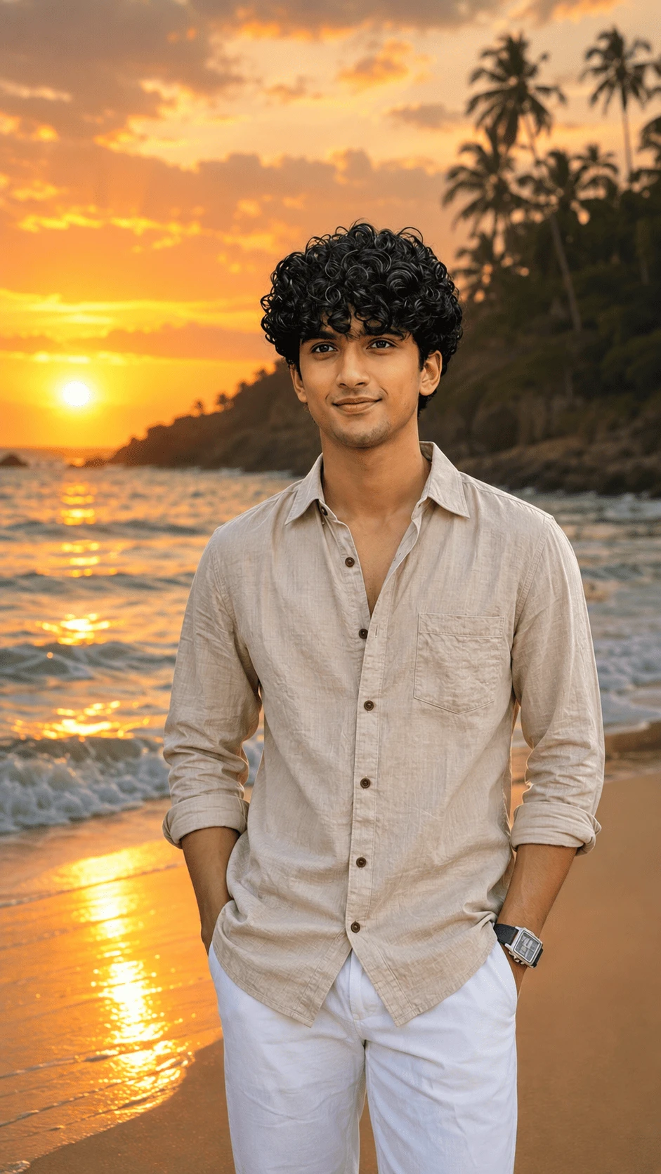 Ultra realistic male portrait on a beach during golden sunset