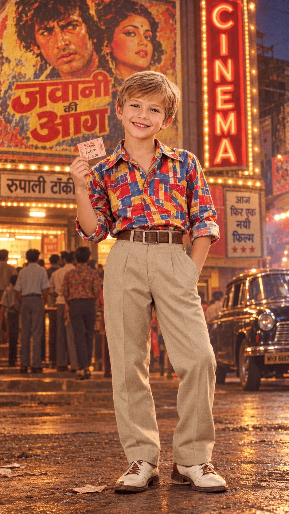 1980s retro Bollywood cinema boy holding a movie ticket outside a vintage Indian cinema hall
