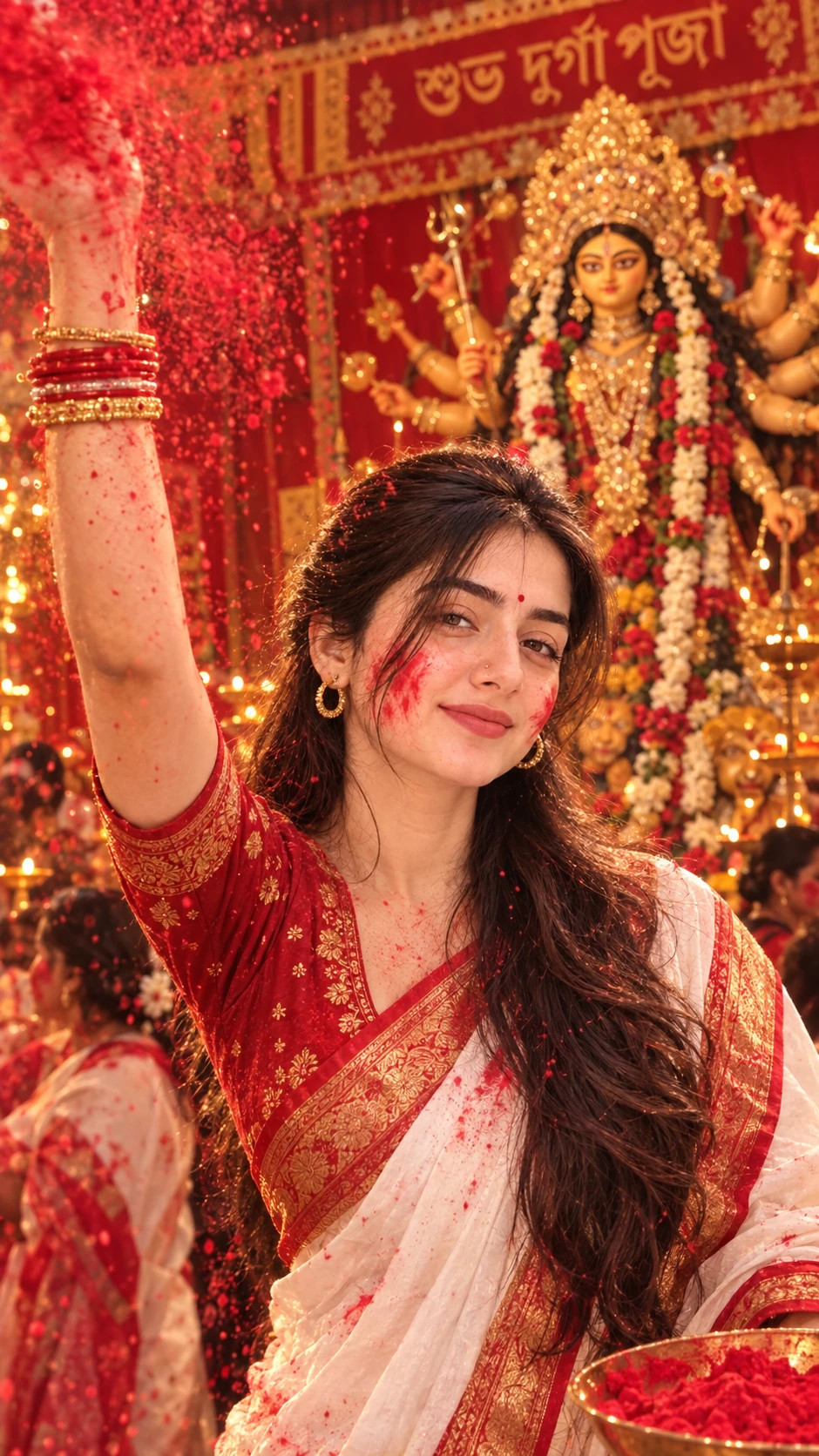 Woman in red and white Bengali saree throwing red gulal in the air during Sindoor Khela with Durga idol in background