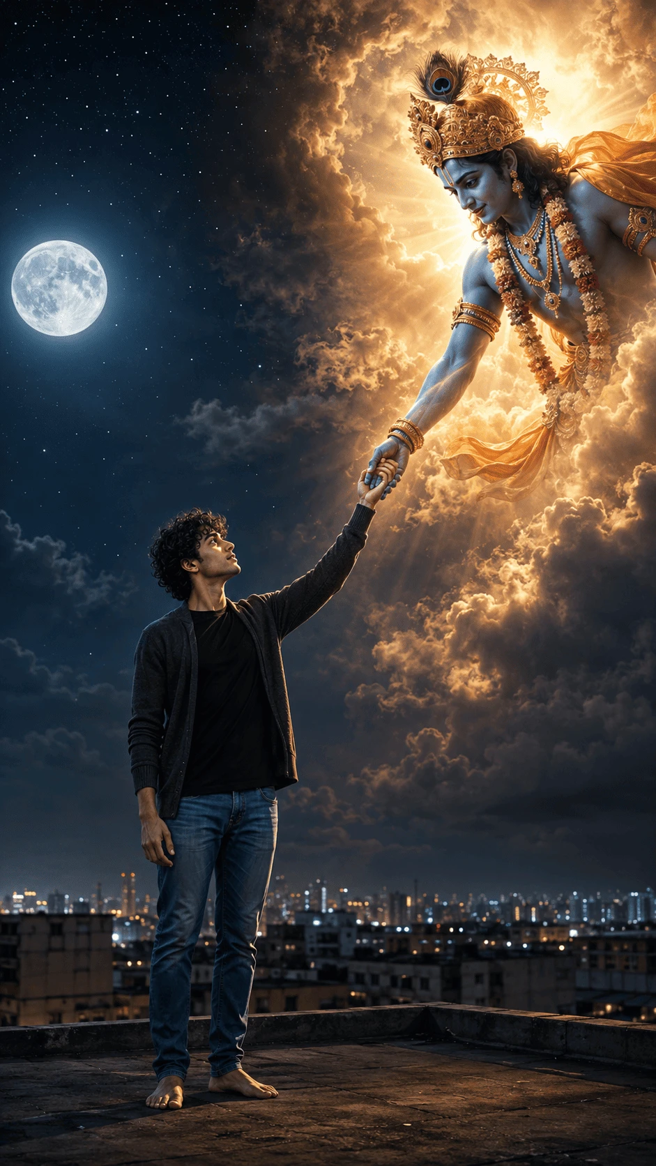 Lord Krishna helping a devotee under a moonlit night sky