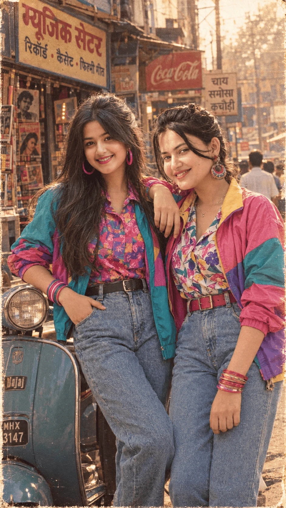 Two friends in colorful retro outfits posing beside a vintage scooter on an Indian street