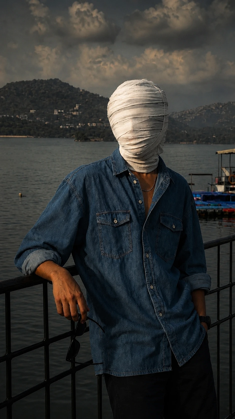 White gauze covered face cinematic portrait beside a mountain lake