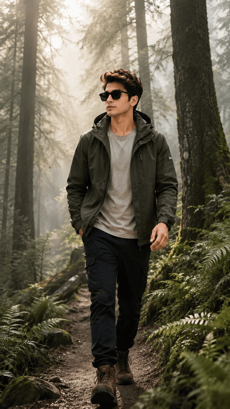 Stylish man walking through a misty forest trail in cinematic lighting