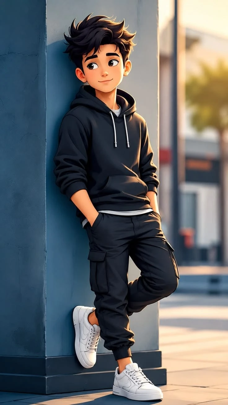 Anime boy wearing black hoodie and cargo pants posing against a blue wall