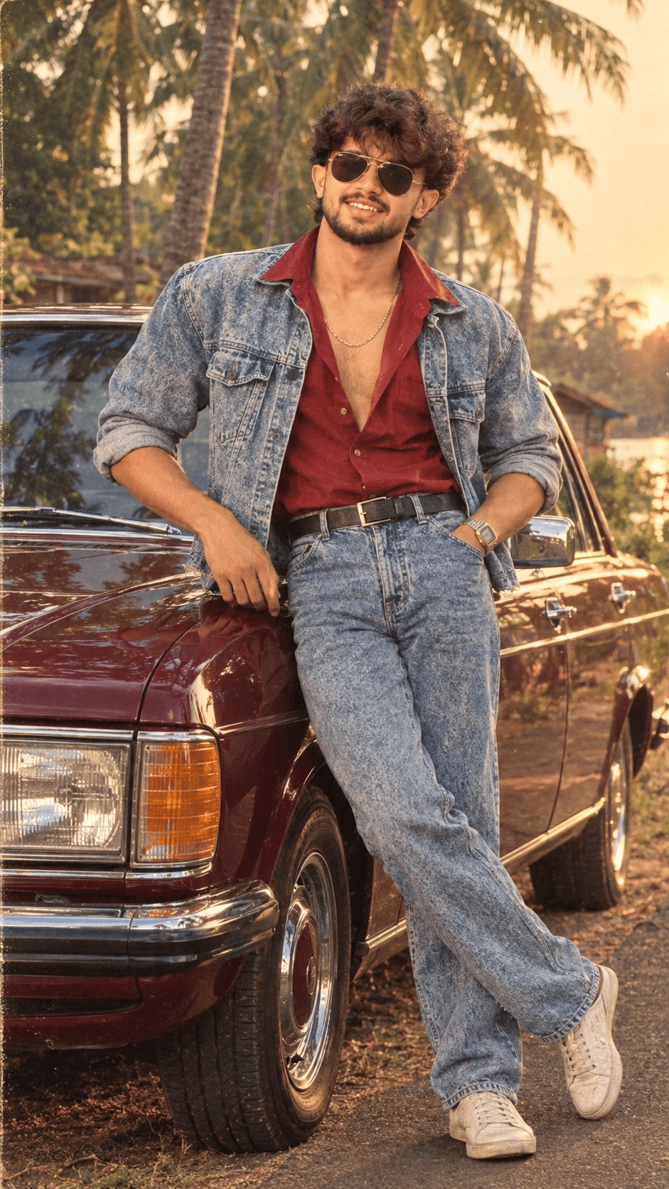 Young man in vintage denim outfit leaning against a classic maroon car