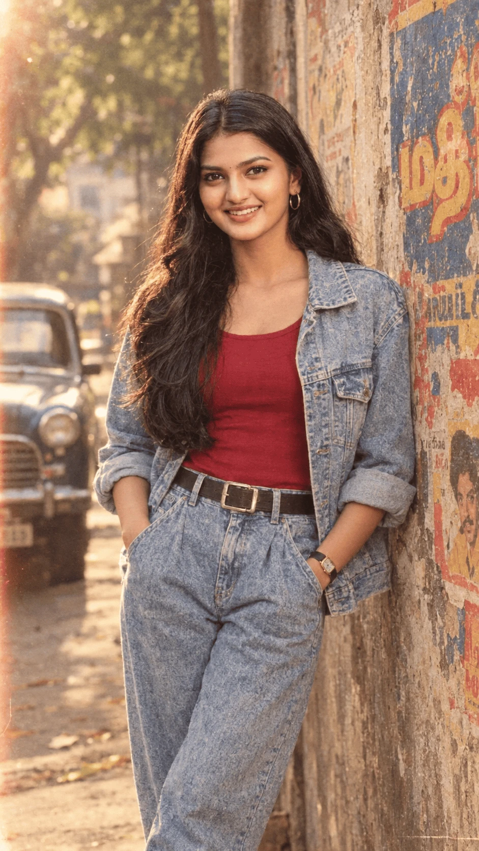 Vintage denim girl portrait beside colorful street wall in golden-hour light
