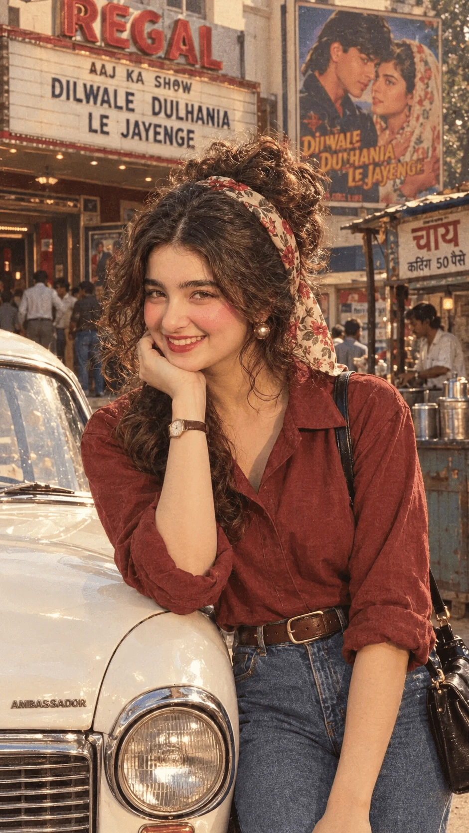 90s Bollywood retro girl portrait beside classic white Ambassador car