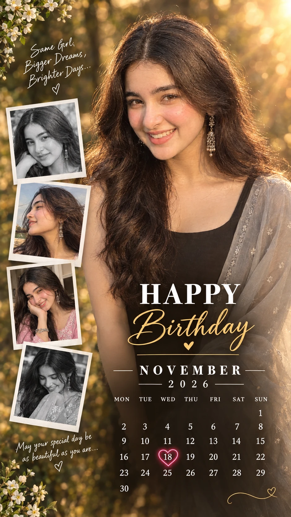 Golden-hour birthday poster for a girl with a November calendar, glowing pink heart date and polaroid photo collage
