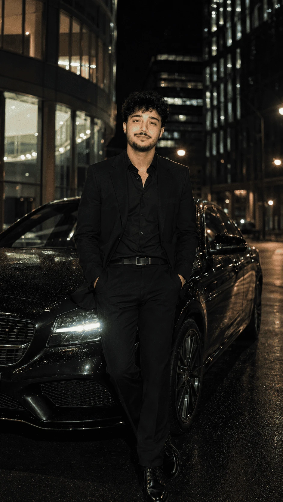 Stylish man in black suit standing beside a luxury car at night