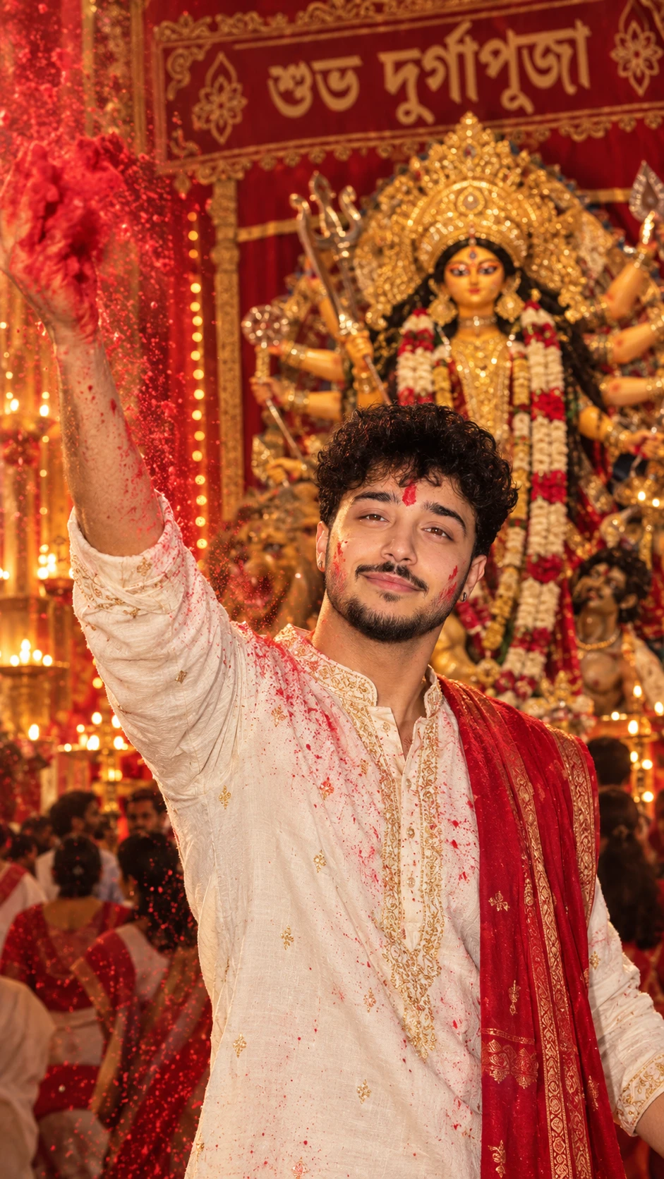 Man in white kurta throwing red gulal in the air during Durga Puja with a decorated idol in the background