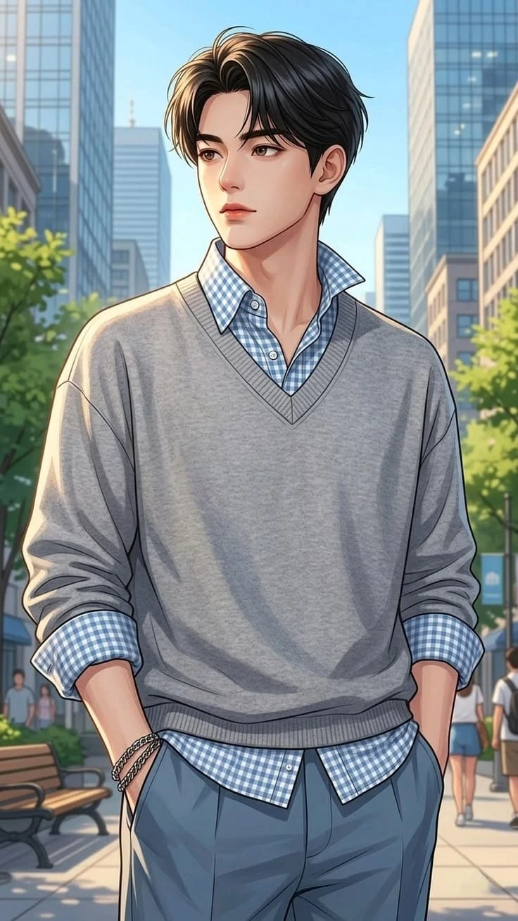 Anime boy wearing grey sweater and blue checkered shirt on city street
