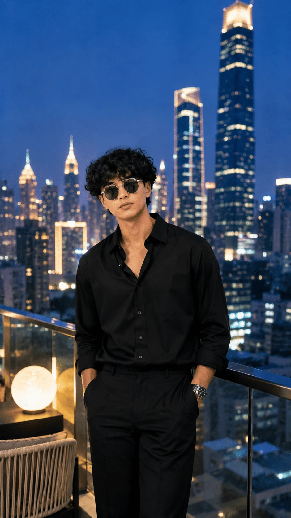 Young man in black outfit and sunglasses on luxury rooftop overlooking city skyline at night