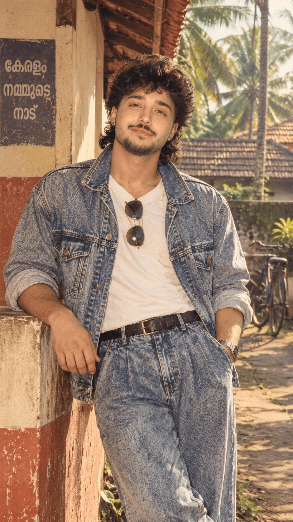 Young man in denim outfit standing beside a vintage Kerala village house