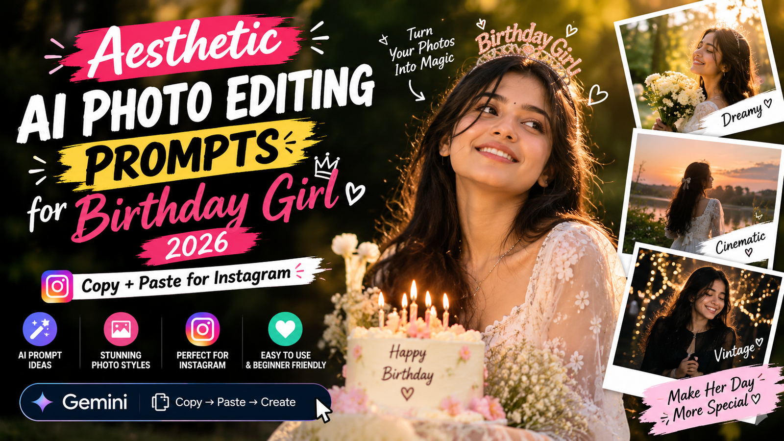 Aesthetic AI Photo Editing Prompts for Birthday Girl 2026 : Copy and Paste for Instagram